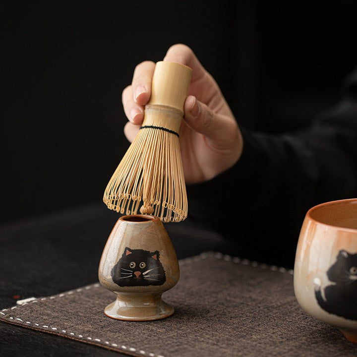 Black Cat Ceremonial Matcha Tools Set With Top - Grade Ceremonial Matcha - Tea and Whisk