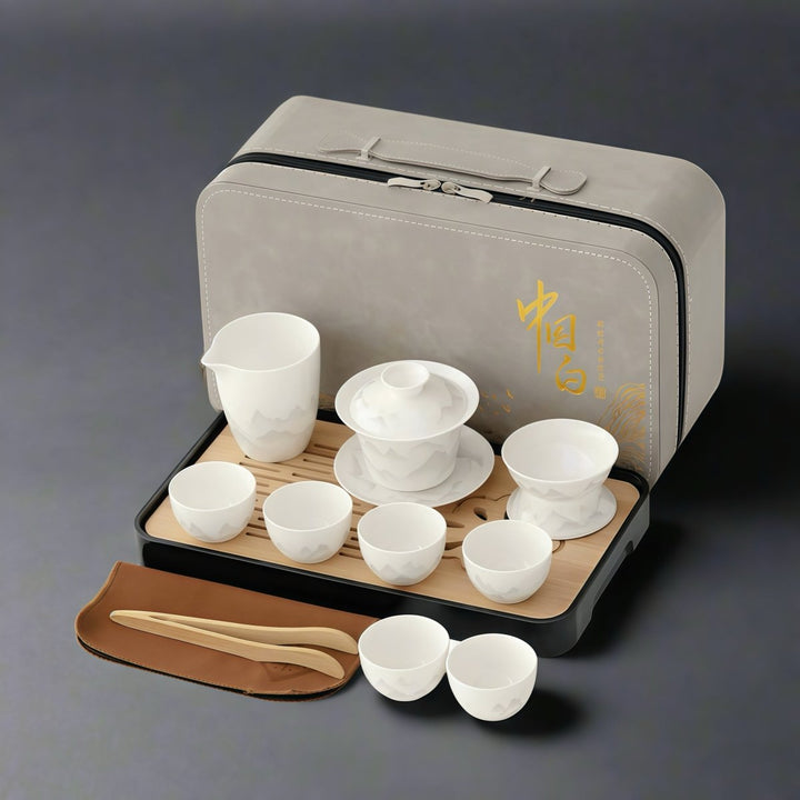 Complete Ceremonial Jade Porcelain Gaiwan Travel Set - Tea and Whisk