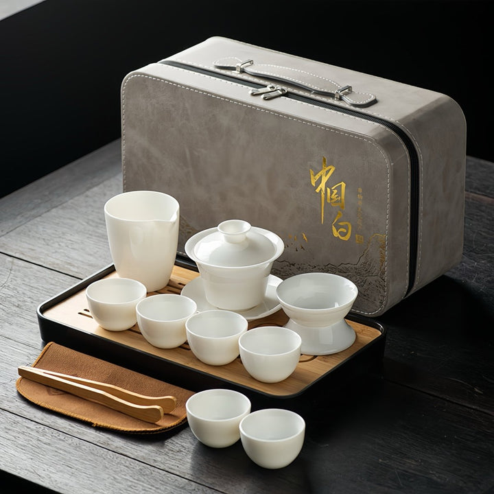 Complete Ceremonial Travel Tea Set - Jade Porcelain White - Tea and Whisk