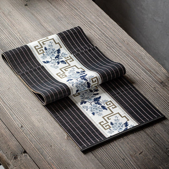 Elegant Black Bamboo Tea Mat with Brocade Center - Tea and Whisk