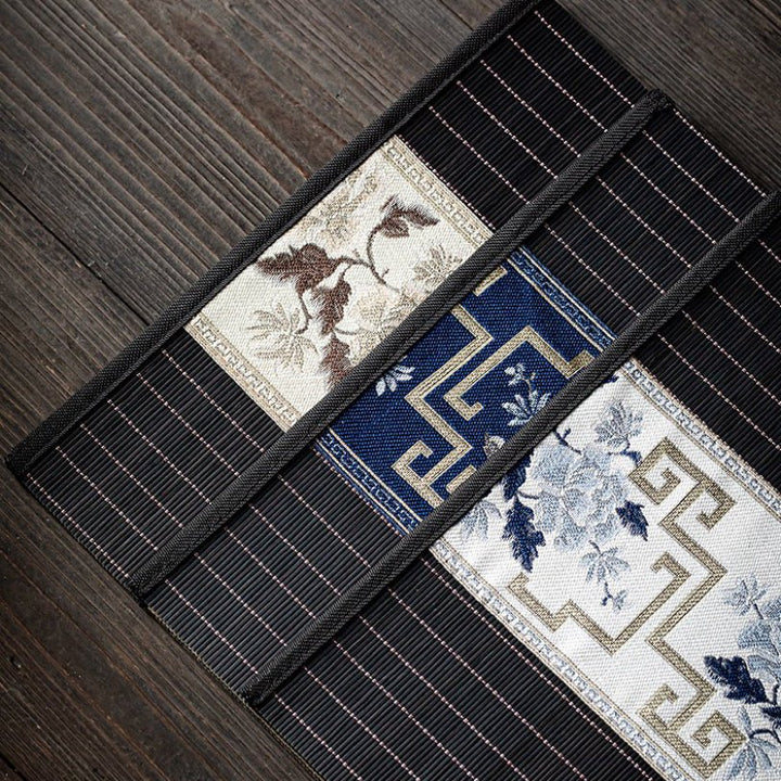 Elegant Black Bamboo Tea Mat with Brocade Center - Tea and Whisk