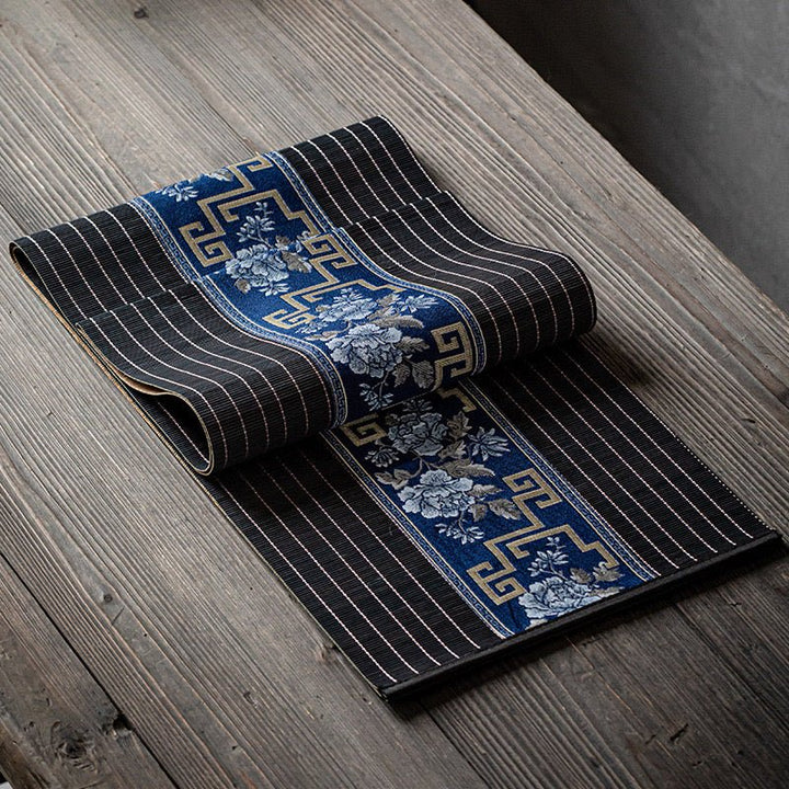 Elegant Black Bamboo Tea Mat with Brocade Center - Tea and Whisk
