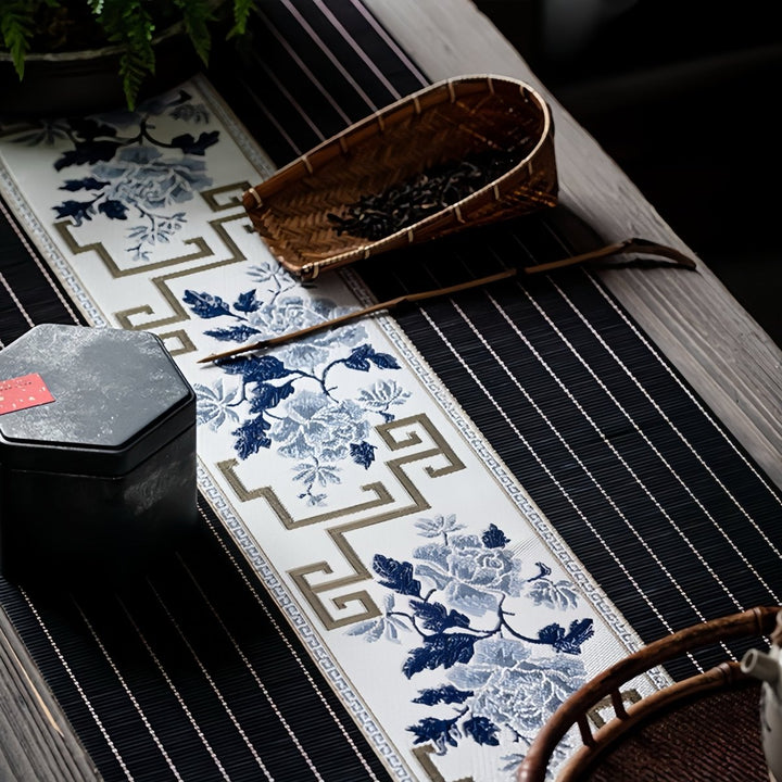 Elegant Black Bamboo Tea Mat with Brocade Center - Tea and Whisk