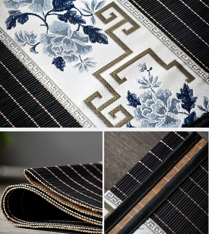 Elegant Black Bamboo Tea Mat with Brocade Center - Tea and Whisk