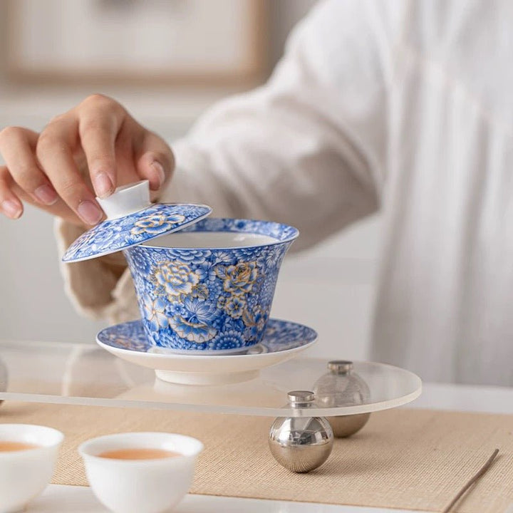 Golden and Blue Flowers - Premium Porcelain Gaiwan - Tea and Whisk