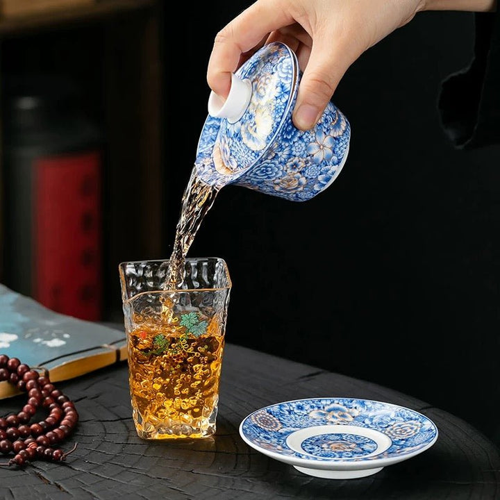 Golden and Blue Flowers - Premium Porcelain Gaiwan - Tea and Whisk