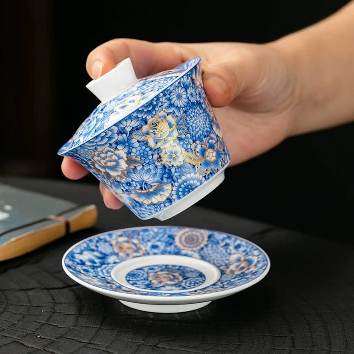 Golden and Blue Flowers - Premium Porcelain Gaiwan - Tea and Whisk