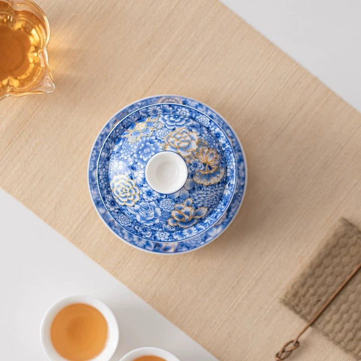 Golden and Blue Flowers - Premium Porcelain Gaiwan - Tea and Whisk