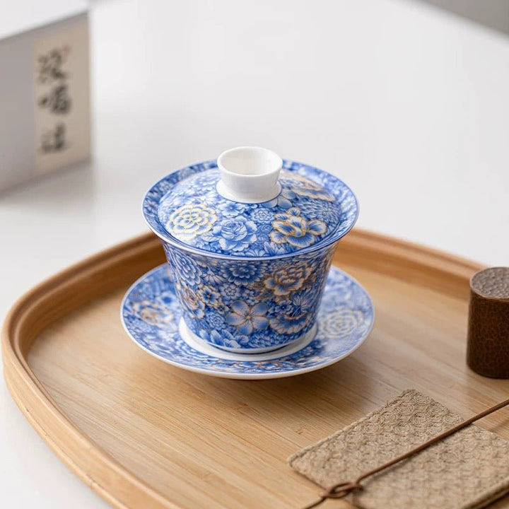 Golden and Blue Flowers - Premium Porcelain Gaiwan - Tea and Whisk