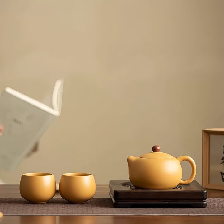 Golden Serenity - Yellow Yixing Clay Teapot with 2 Cups Set - Tea and Whisk