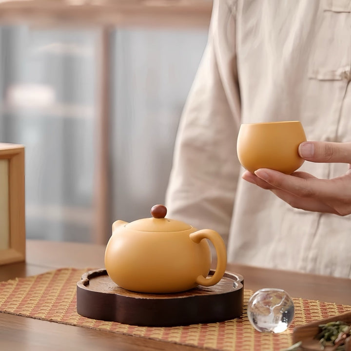 Golden Serenity - Yellow Yixing Clay Teapot with 2 Cups Set - Tea and Whisk