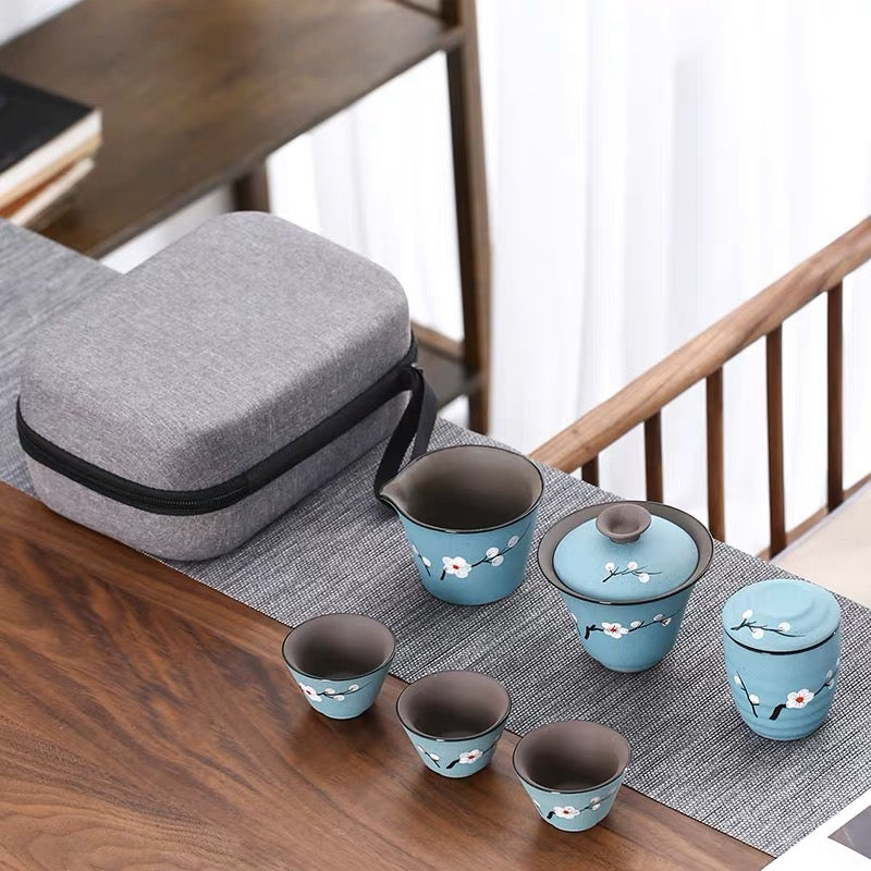 Japanese Ceramic Glazed Travel Tea Set with One Pot and Three Cups -  Hand-Painted Design
