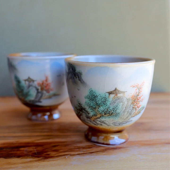Jingdezhen Hand - Painted “Pavilion” Tea Set - Tea and Whisk