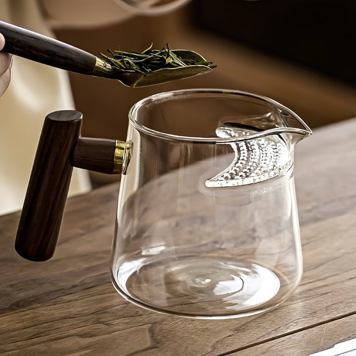 Lunar Elegance Glass Tea Brewer / Fairness Cup with Walnut Wooden Handle - Tea and Whisk