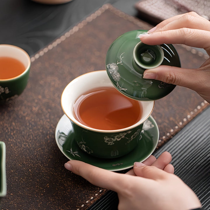 Qingli Glazed Gaiwan with Handcrafted Silver Flowers - Tea and Whisk
