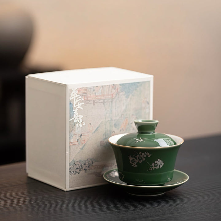 Qingli Glazed Gaiwan with Handcrafted Silver Flowers - Tea and Whisk