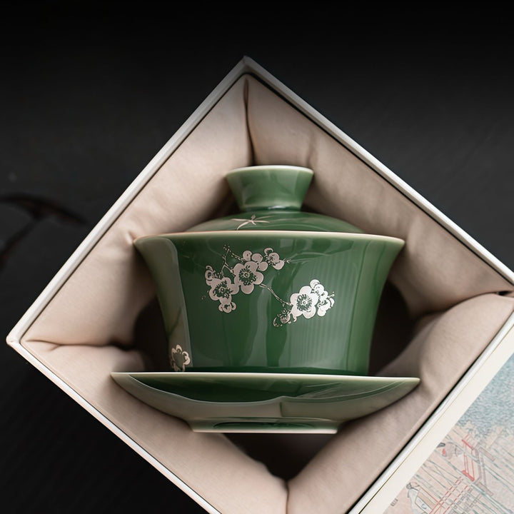 Qingli Glazed Gaiwan with Handcrafted Silver Flowers - Tea and Whisk