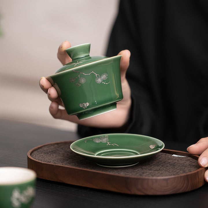 Qingli Glazed Gaiwan with Handcrafted Silver Flowers - Tea and Whisk