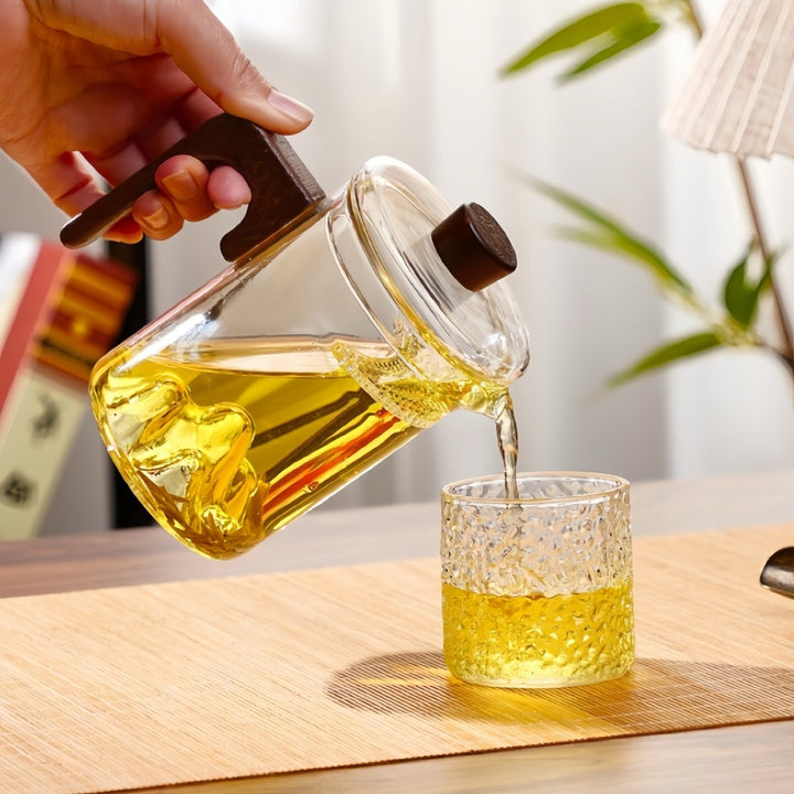 Silent Elegance Glass Tea Brewer with Lid and Wooden Handle - Tea and Whisk