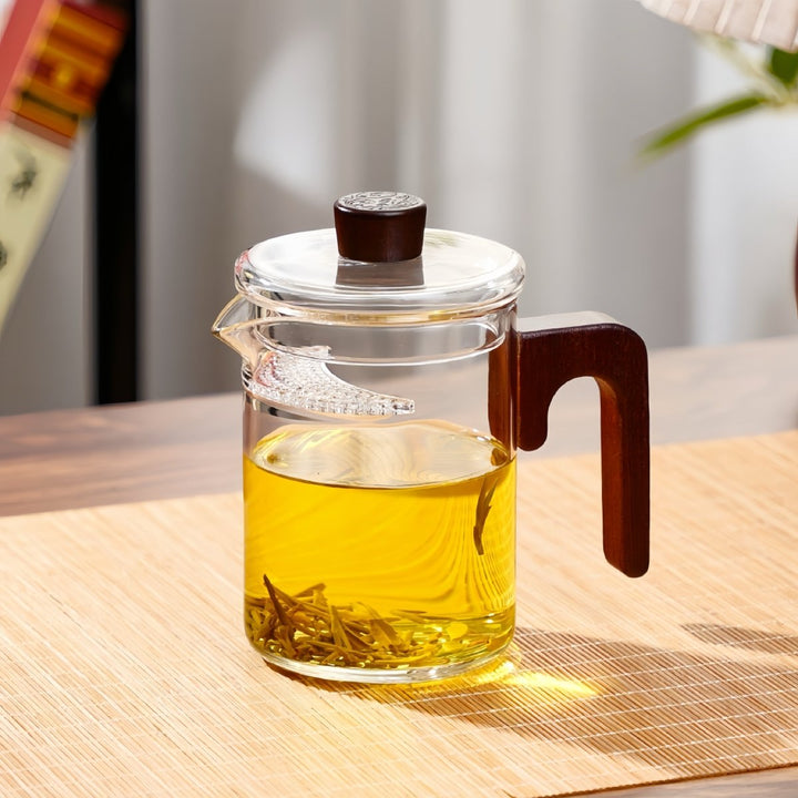 Silent Elegance Glass Tea Brewer with Lid and Wooden Handle - Tea and Whisk