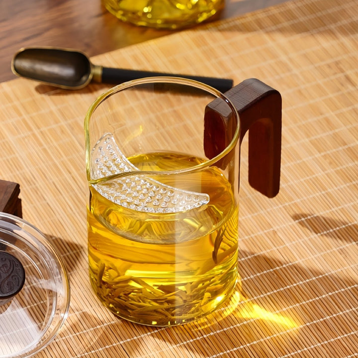 Silent Elegance Glass Tea Brewer with Lid and Wooden Handle - Tea and Whisk