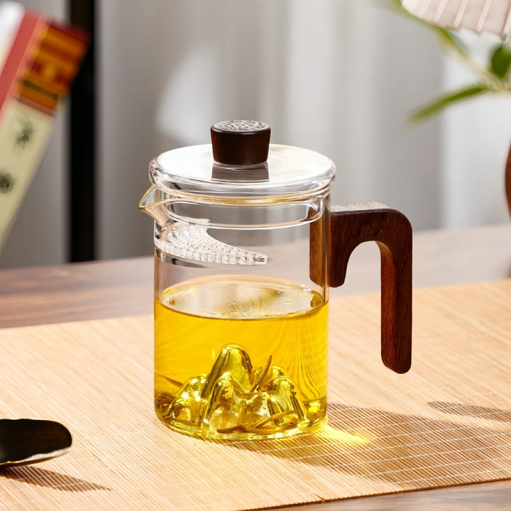 Silent Elegance Glass Tea Brewer with Lid and Wooden Handle - Tea and Whisk