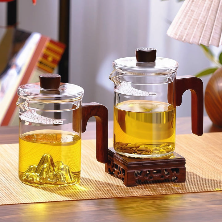 Silent Elegance Glass Tea Brewer with Lid and Wooden Handle - Tea and Whisk