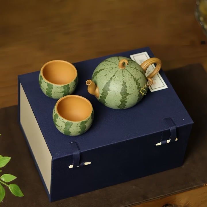 Sweet Emerald Melon - Handmade Yixing Clay Teapot Set of 3 - Tea and Whisk