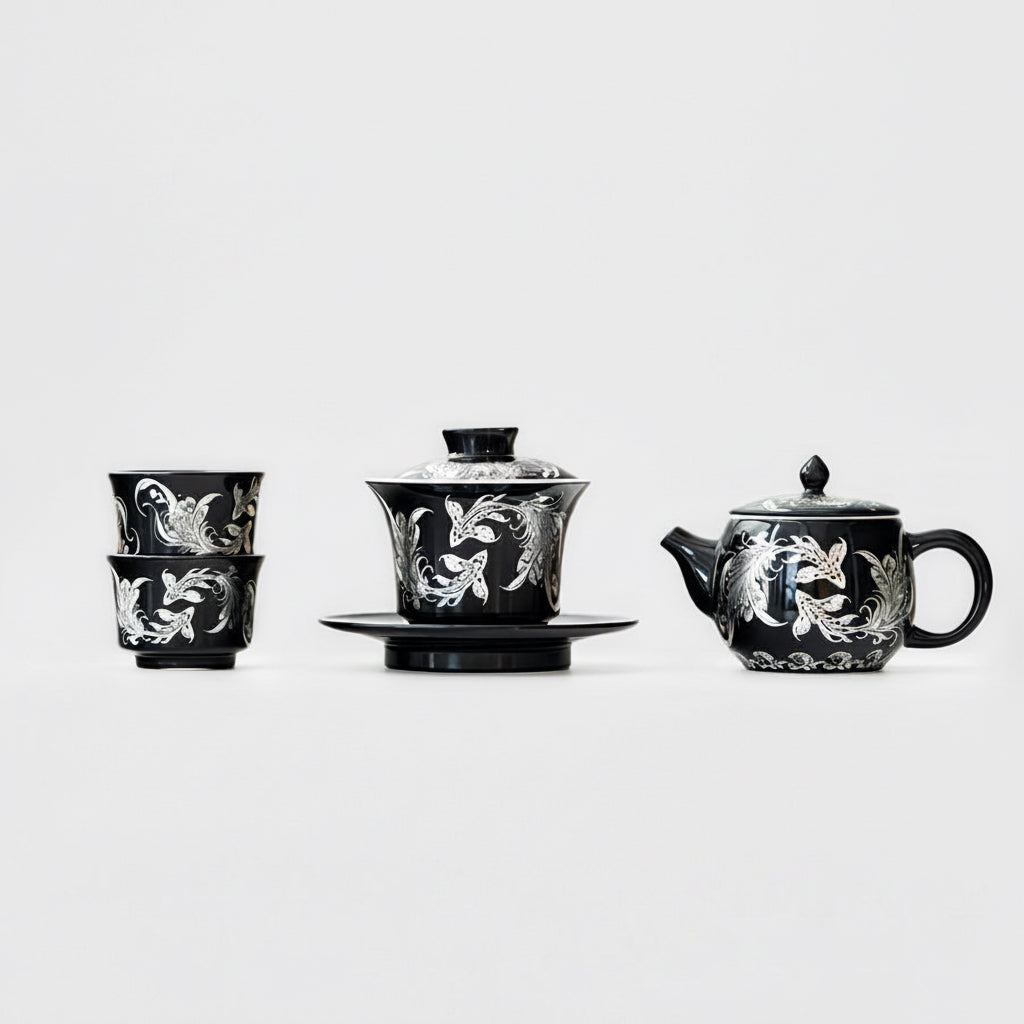 Royal Black Teapot and Gaiwan Set with 2 Teacups