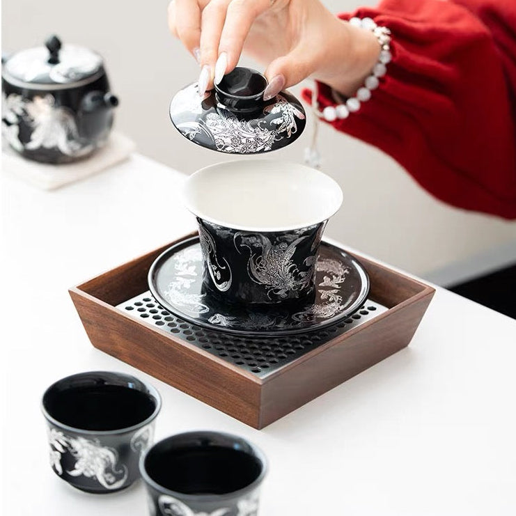 Royal Black Teapot and Gaiwan Set with 2 Teacups