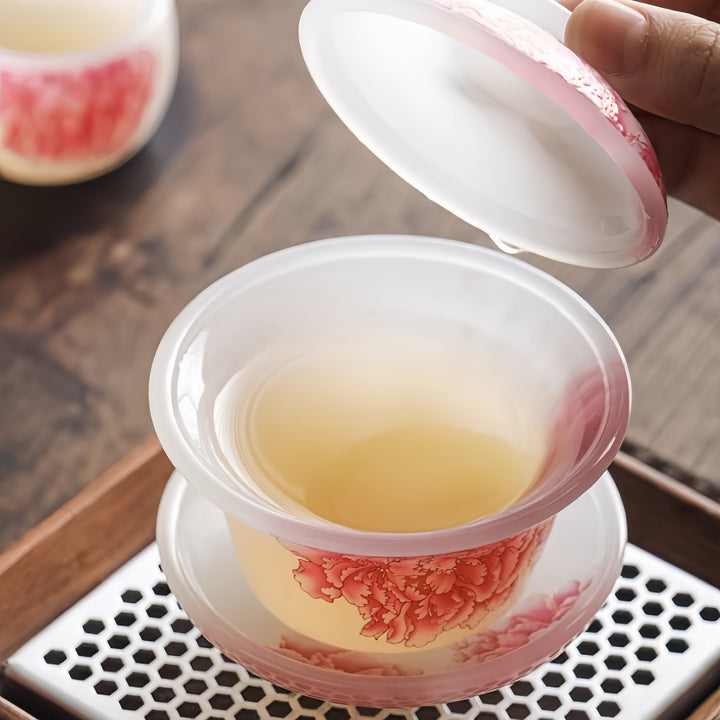 Red Peony Liuli Gaiwan with Two Teacups Set of 3 in a Gift Box