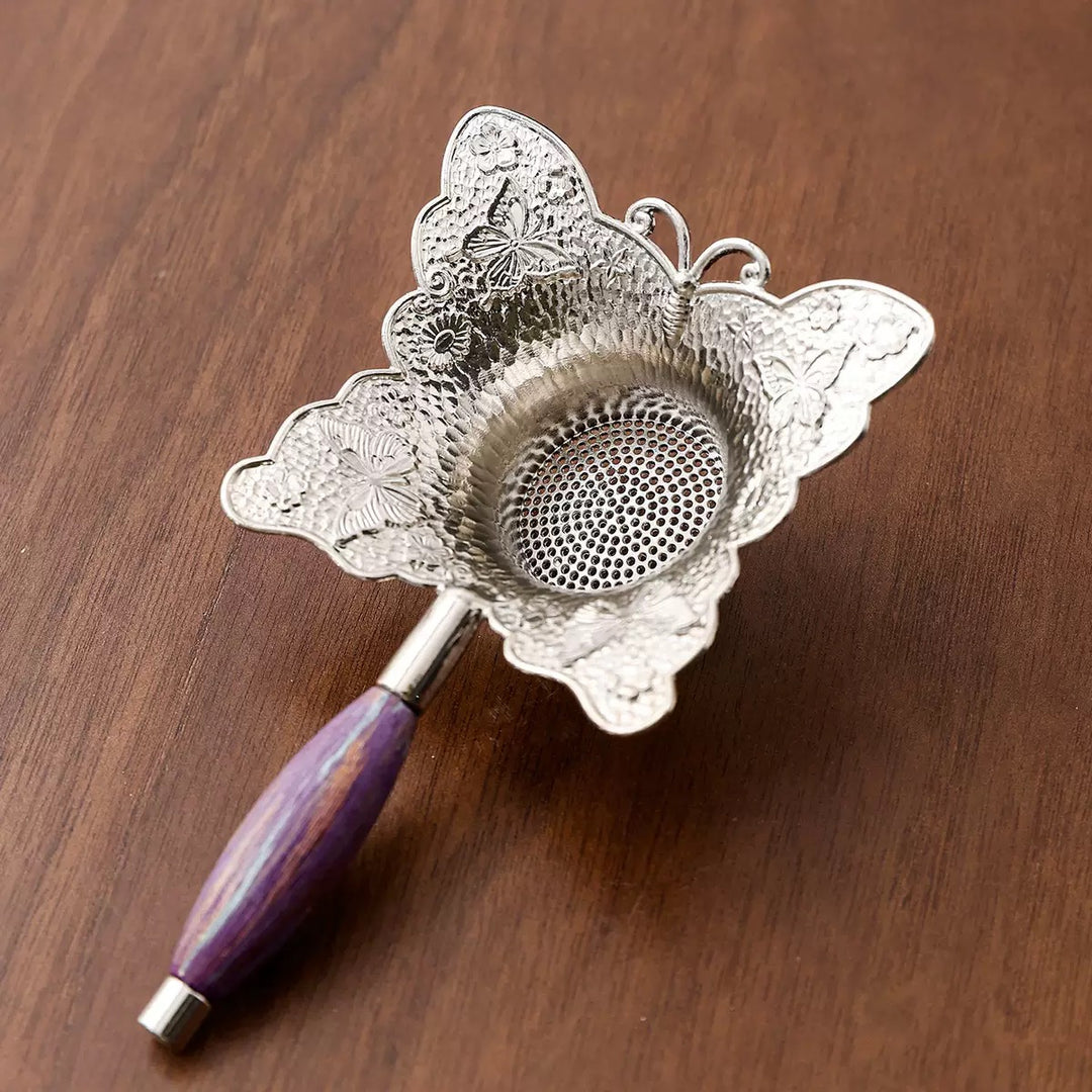 Butterfly Silver-Tone Tea Strainer with Wooden Handle