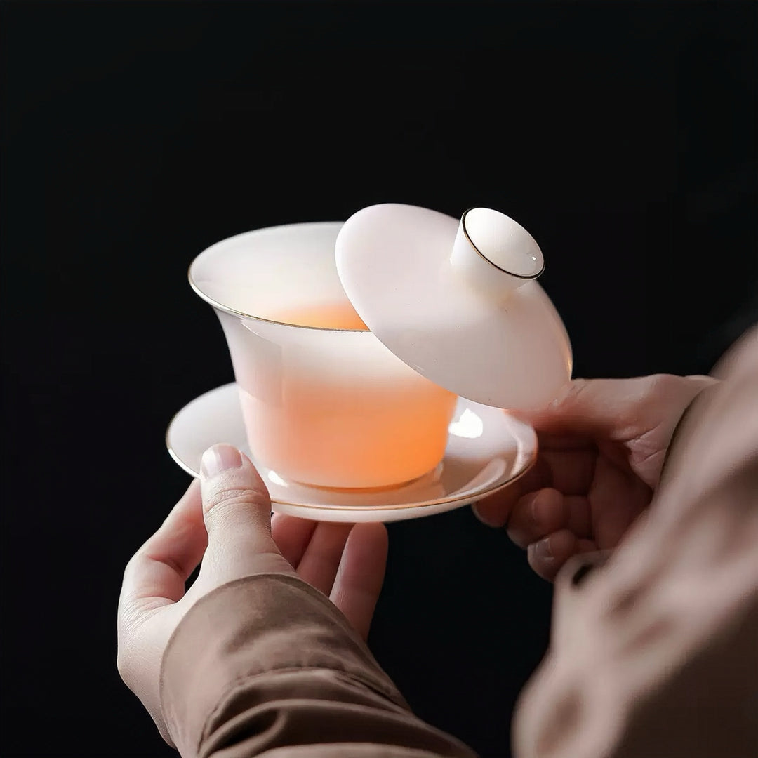 Completely Premium White Iced Jade Porcelain Gaiwan Set with Luxury Carrying Case