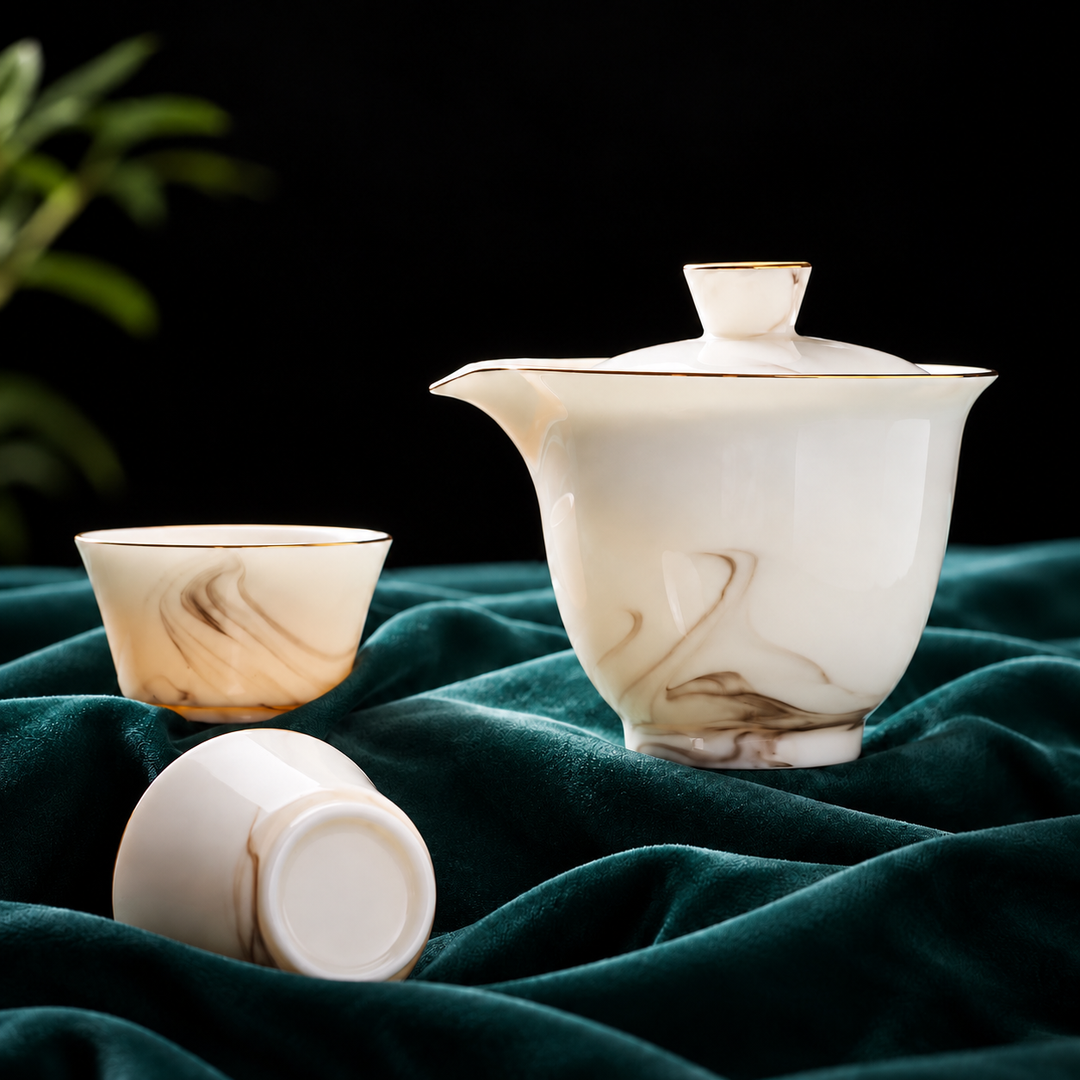 Cloudveil Mist Premium Butter White Porcelain Journey Tea Set