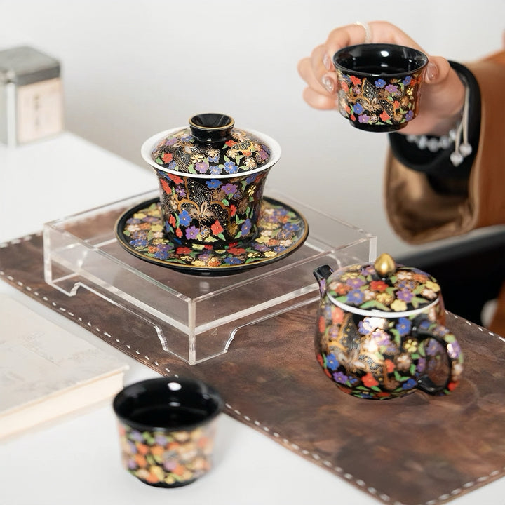 Royal Black Teapot and Gaiwan Set with 2 Teacups