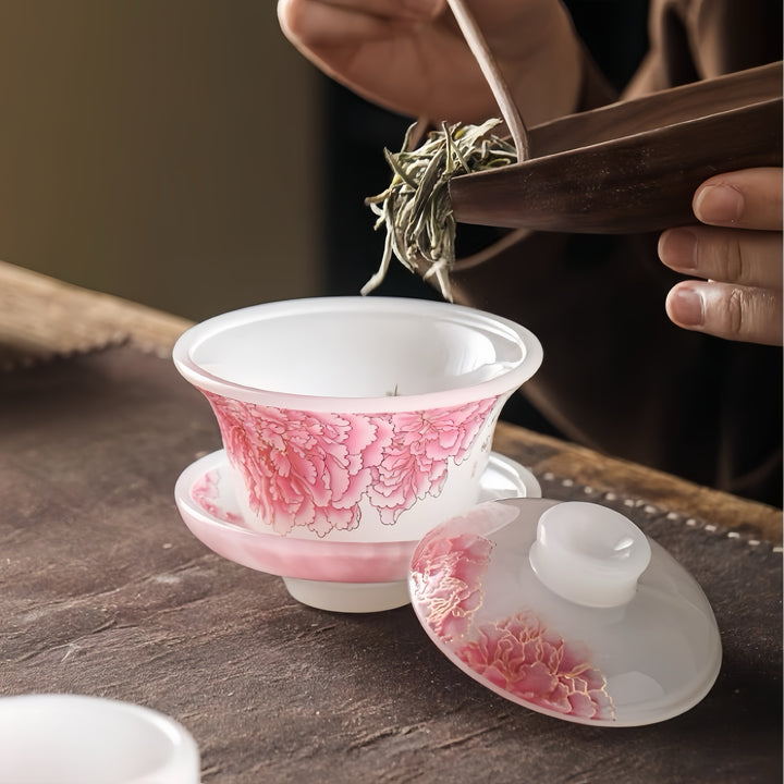 Red Peony Liuli Gaiwan with Two Teacups Set of 3 in a Gift Box