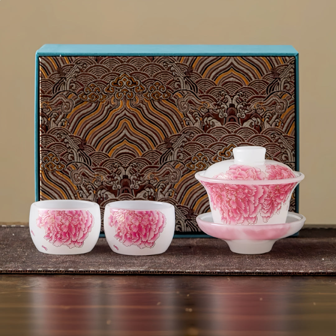 Red Peony Liuli Gaiwan with Two Teacups Set of 3 in a Gift Box