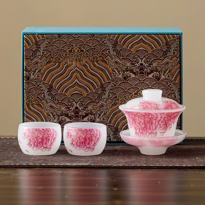 Red Peony Liuli Gaiwan with Two Teacups Set of 3 in a Gift Box