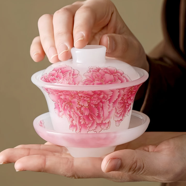 Red Peony Liuli Gaiwan with Two Teacups Set of 3 in a Gift Box