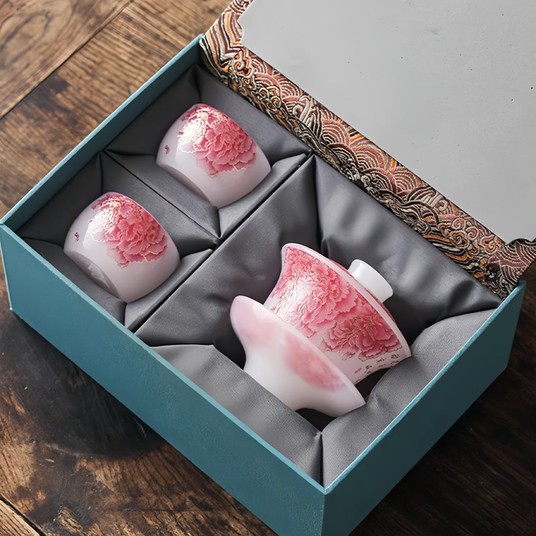 Red Peony Liuli Gaiwan with Two Teacups Set of 3 in a Gift Box