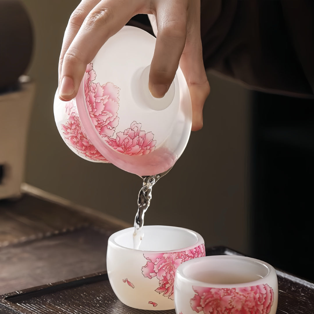Red Peony Liuli Gaiwan with Two Teacups Set of 3 in a Gift Box