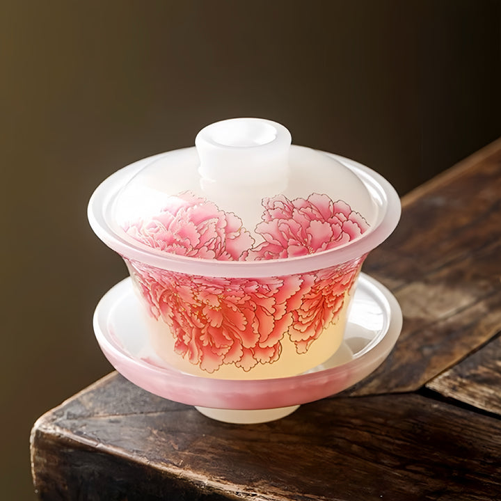 Red Peony Liuli Gaiwan with Two Teacups Set of 3 in a Gift Box