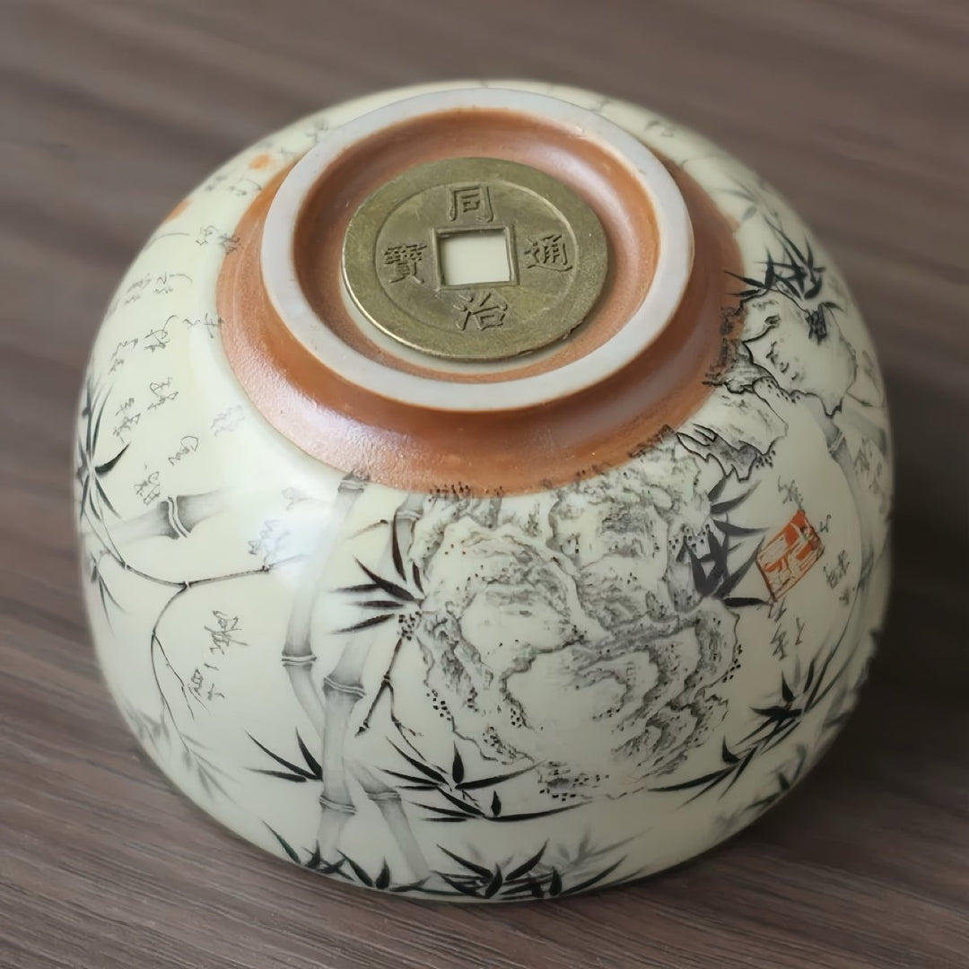 Ancient Coin of China - Good Fortune Ru Kiln Clay Teacup - Tea and Whisk