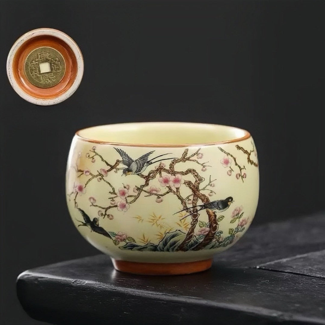Ancient Coin of China - Good Fortune Ru Kiln Clay Teacup - Tea and Whisk