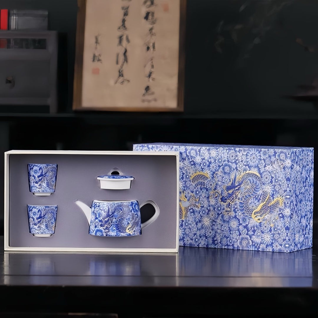 Azure Dragon Bloom Teapot with 2 Cups Set - Tea and Whisk