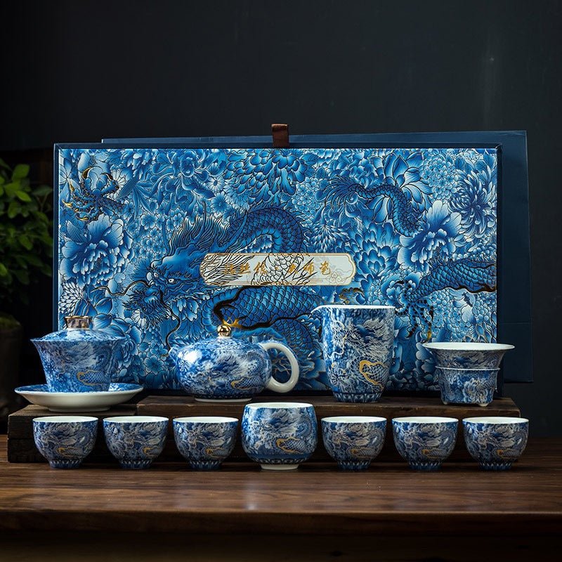Azure Dragon Reverie - Premium Porcelain Teapot and Gaiwan Complete Tea Set - Tea and Whisk