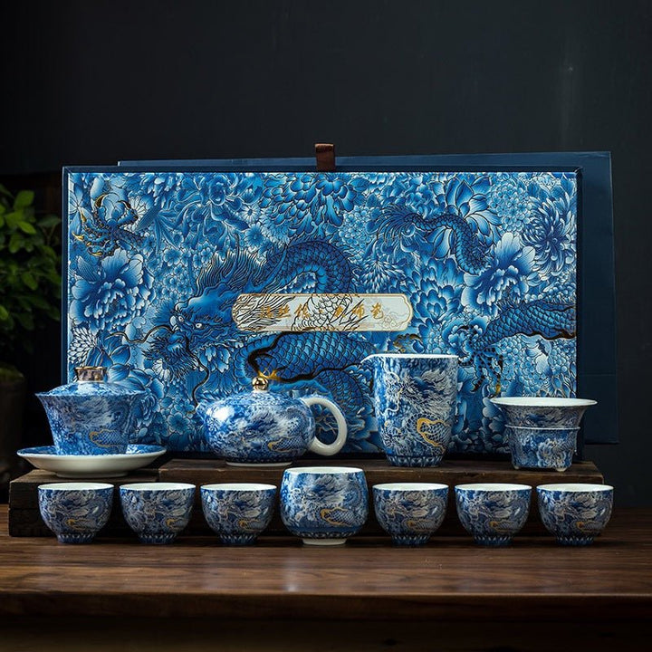 Azure Dragon Reverie - Premium Porcelain Teapot and Gaiwan Complete Tea Set - Tea and Whisk