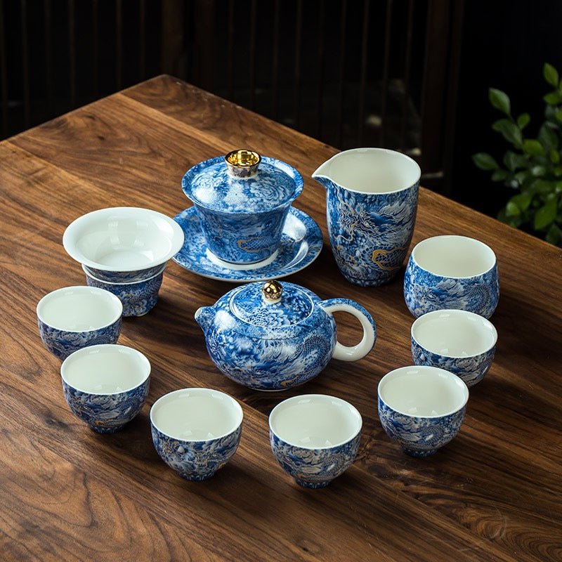 Azure Dragon Reverie - Premium Porcelain Teapot and Gaiwan Complete Tea Set - Tea and Whisk