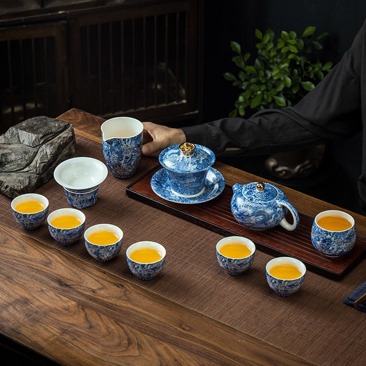 Azure Dragon Reverie - Premium Porcelain Teapot and Gaiwan Complete Tea Set - Tea and Whisk