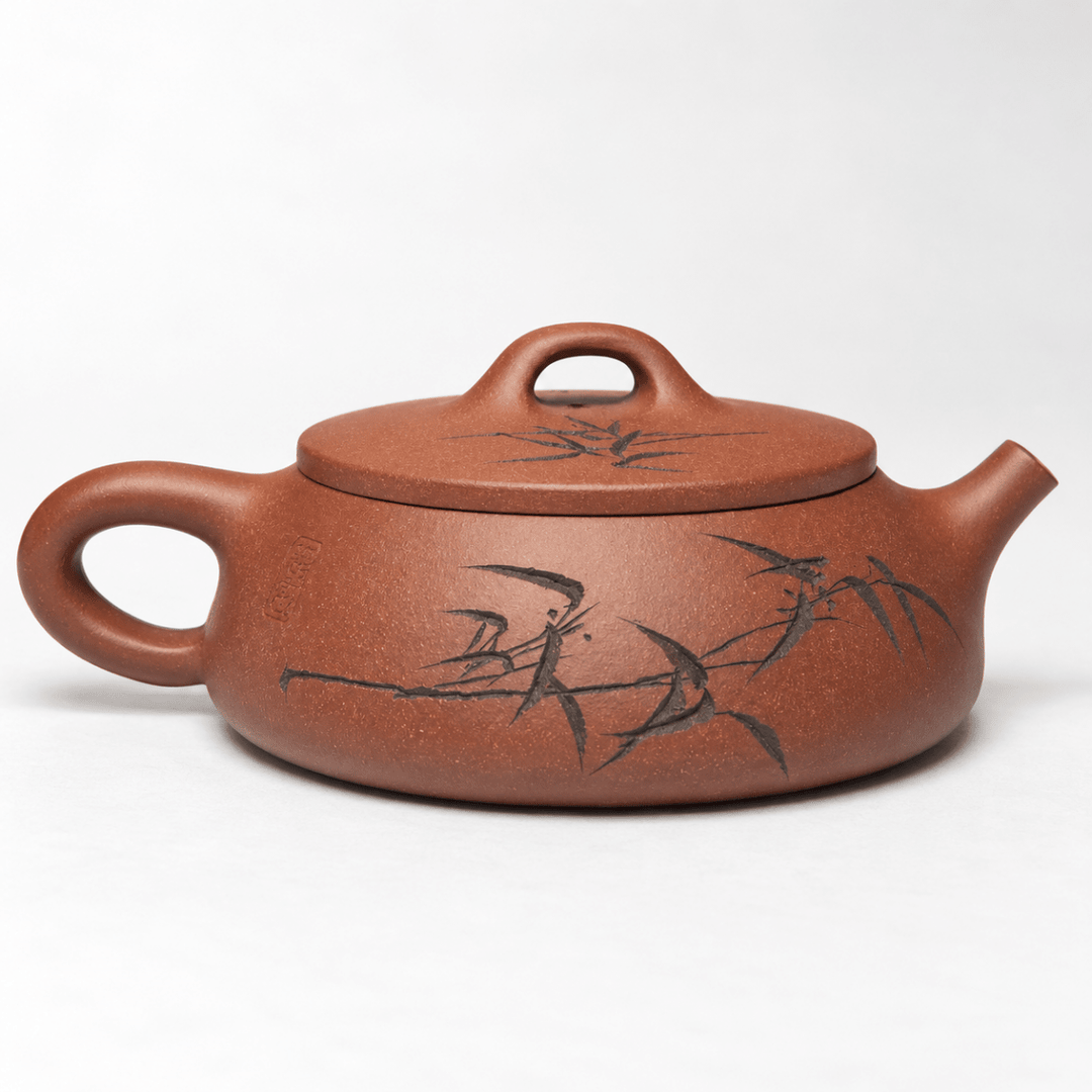 Bamboo Moon -Yixing Clay Handmade FLAT Teapot - Tea and Whisk